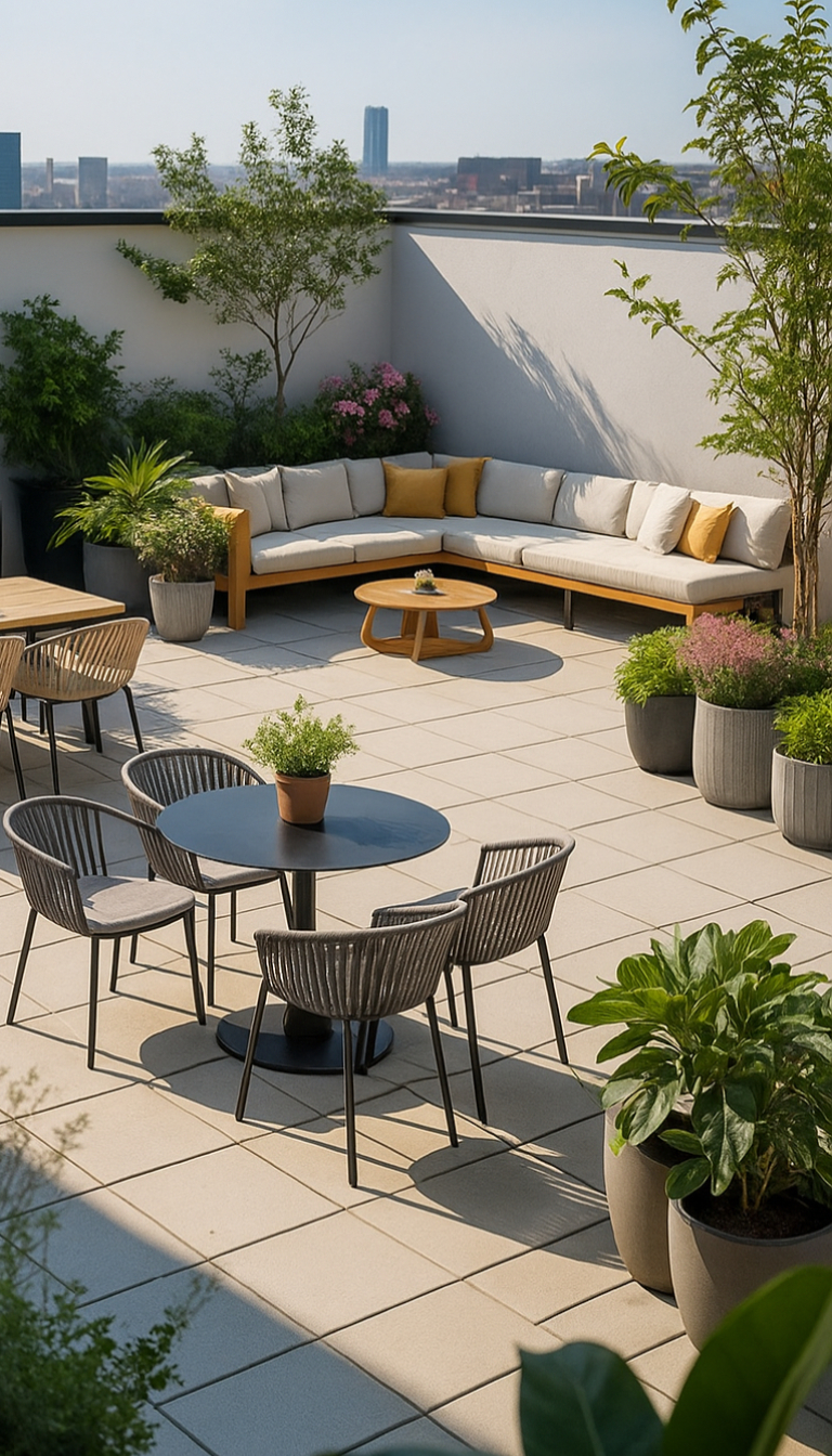 Rooftop patio with a modern outdoor seating area, featuring a large L-shaped sofa with yellow cushions, surrounded by various potted plants and small trees. A round wooden coffee table is in front of the sofa, and nearby are a set of round tables with chairs, overlooking a cityscape in the background.