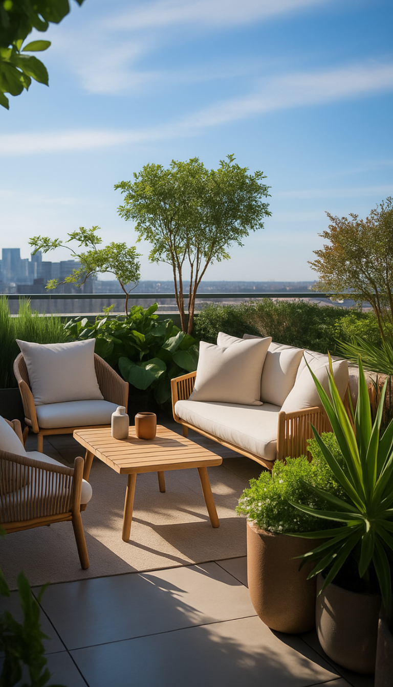 A rooftop patio with wooden outdoor furniture, including cushioned chairs and a table, surrounded by potted plants and a view of a city skyline in the background.