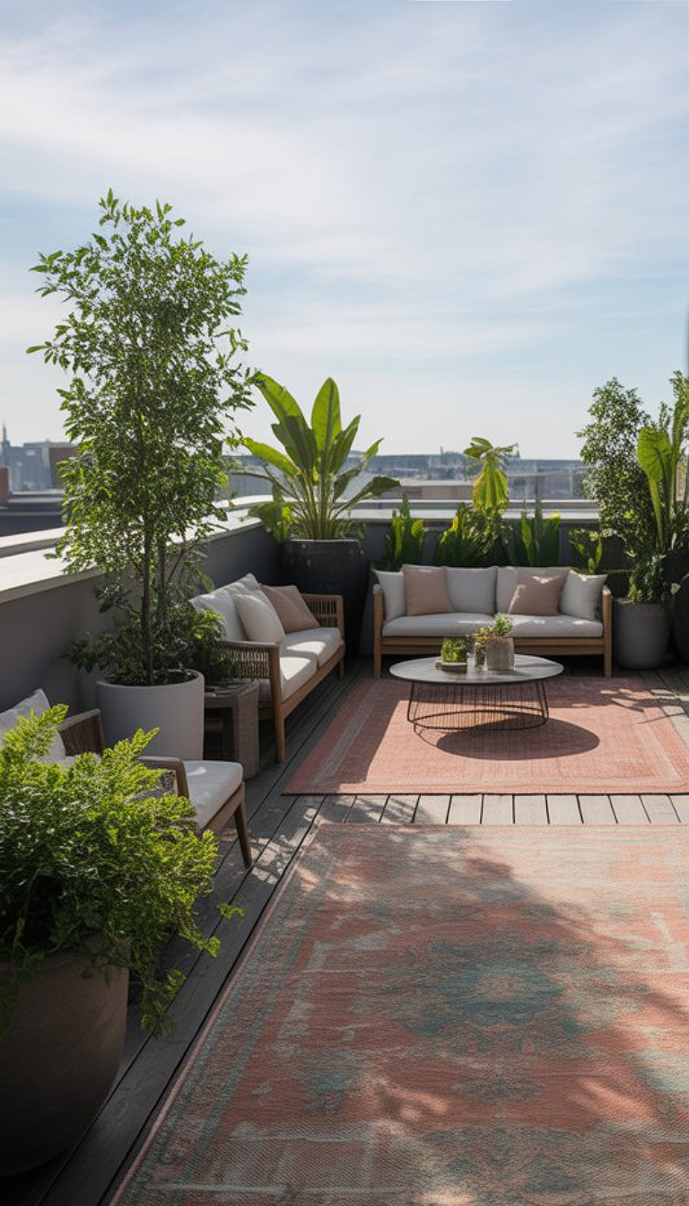 A rooftop terrace with modern outdoor furniture, including a sofa and chairs, surrounded by potted plants and small trees, with a patterned area rug on the wooden floor.
