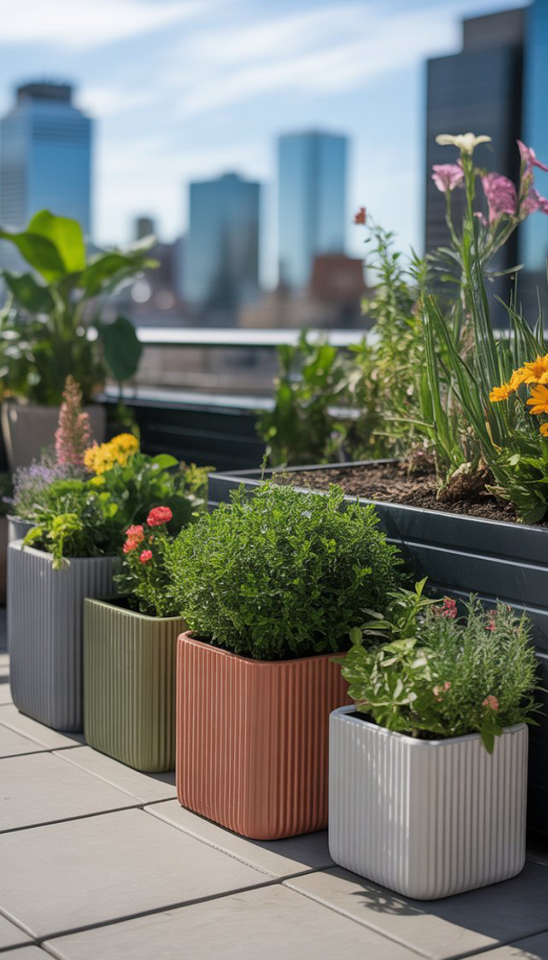 A rooftop garden featuring colorful, ribbed planters filled with various herbs and flowers, with a city skyline in the background against a blue sky.