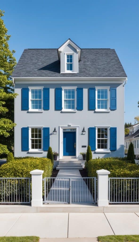 A two-story house with a light gray facade features bright blue shutters and front door. The roof is dark gray, and a small dormer window is set at the top. The house is fronted by a neatly trimmed hedge and small trees, with a sidewalk and white picket fence in the foreground.