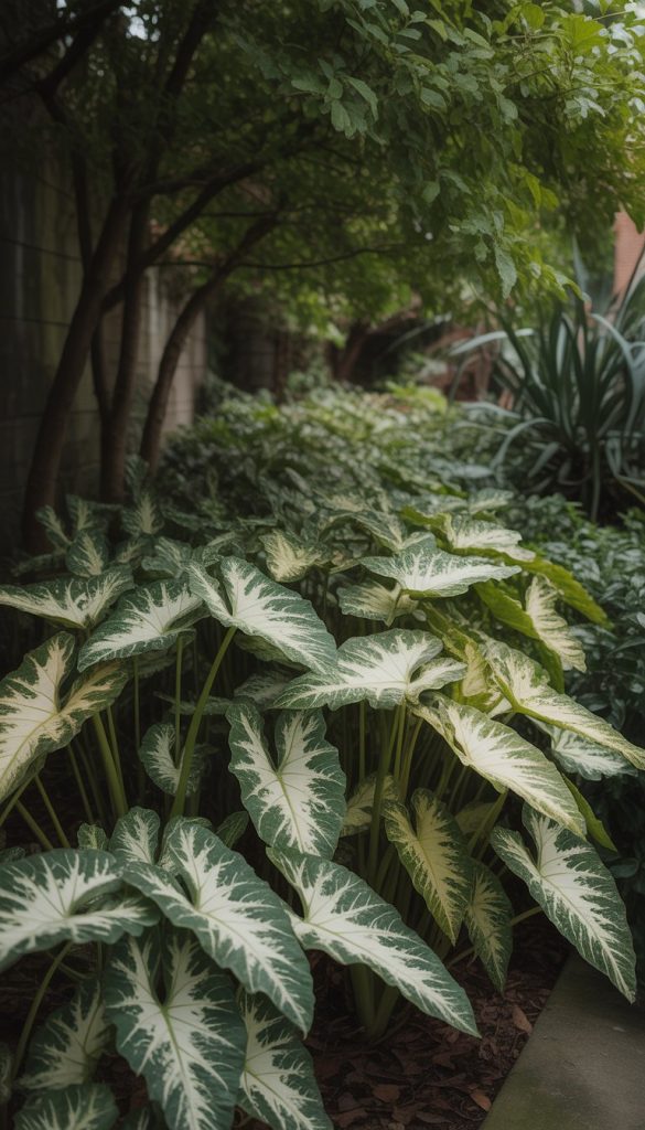 A lush garden with large variegated leaves and tree canopy, creating a serene and shaded atmosphere.