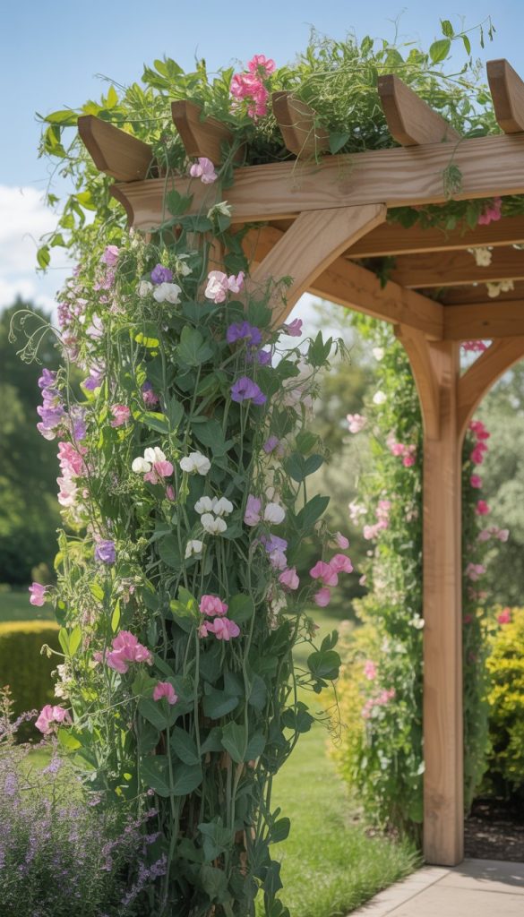 A wooden garden pergola adorned with colorful climbing sweet pea flowers in shades of pink, purple, and white, set against a lush green garden background.