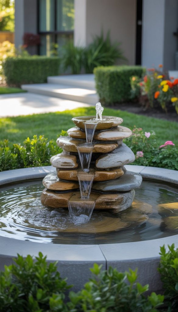 A tiered stone water fountain surrounded by neatly landscaped greenery, with water cascading from the top and a soft focus on a building and flowers in the background.