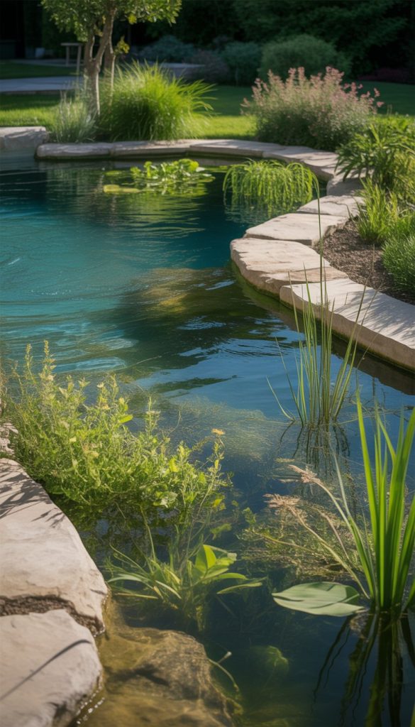 A natural swimming pool with clear water surrounded by rocks and lush greenery, including aquatic plants and ornamental grasses.