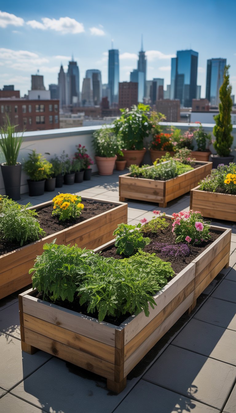 Rooftop garden with wooden raised beds and various plants in containers, city skyline in the background.