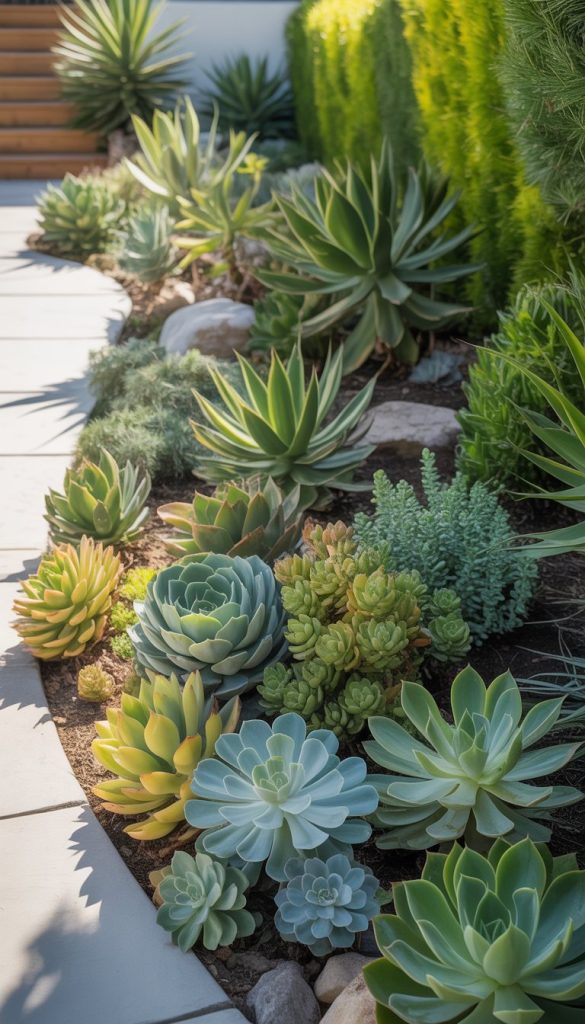 A well-maintained garden featuring a variety of succulents and agave plants arranged along a curved stone path, with lush green foliage and sunlight highlighting the vibrant leaves.
