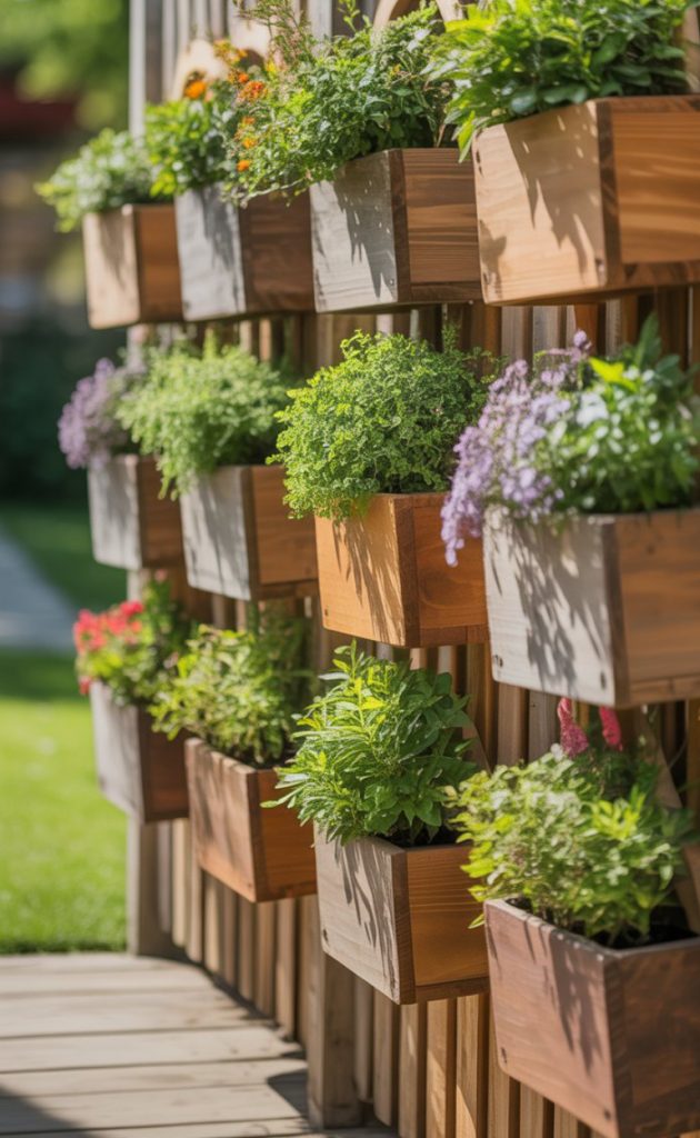 A vertical garden with wooden planters filled with various green plants and flowers, mounted on a wall.