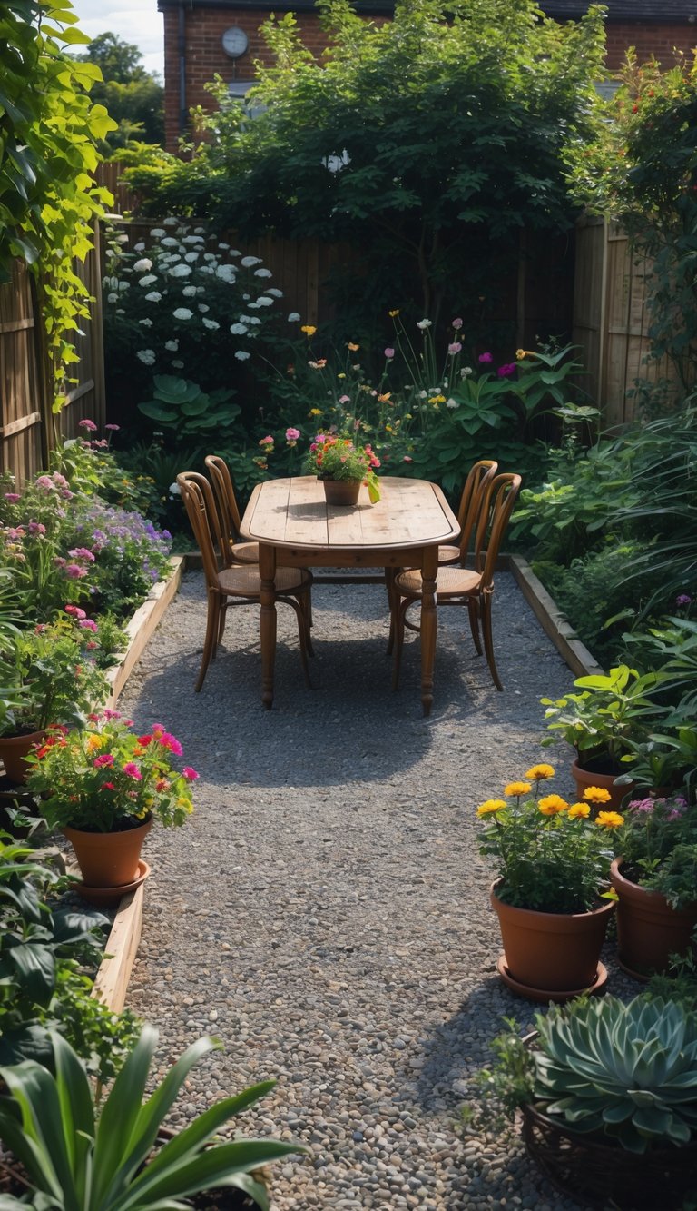 A quaint garden setting with a wooden table and four chairs placed on a gravel path, surrounded by lush greenery and colorful flowers in pots and borders. A potted plant sits in the center of the table, adding to the serene atmosphere.