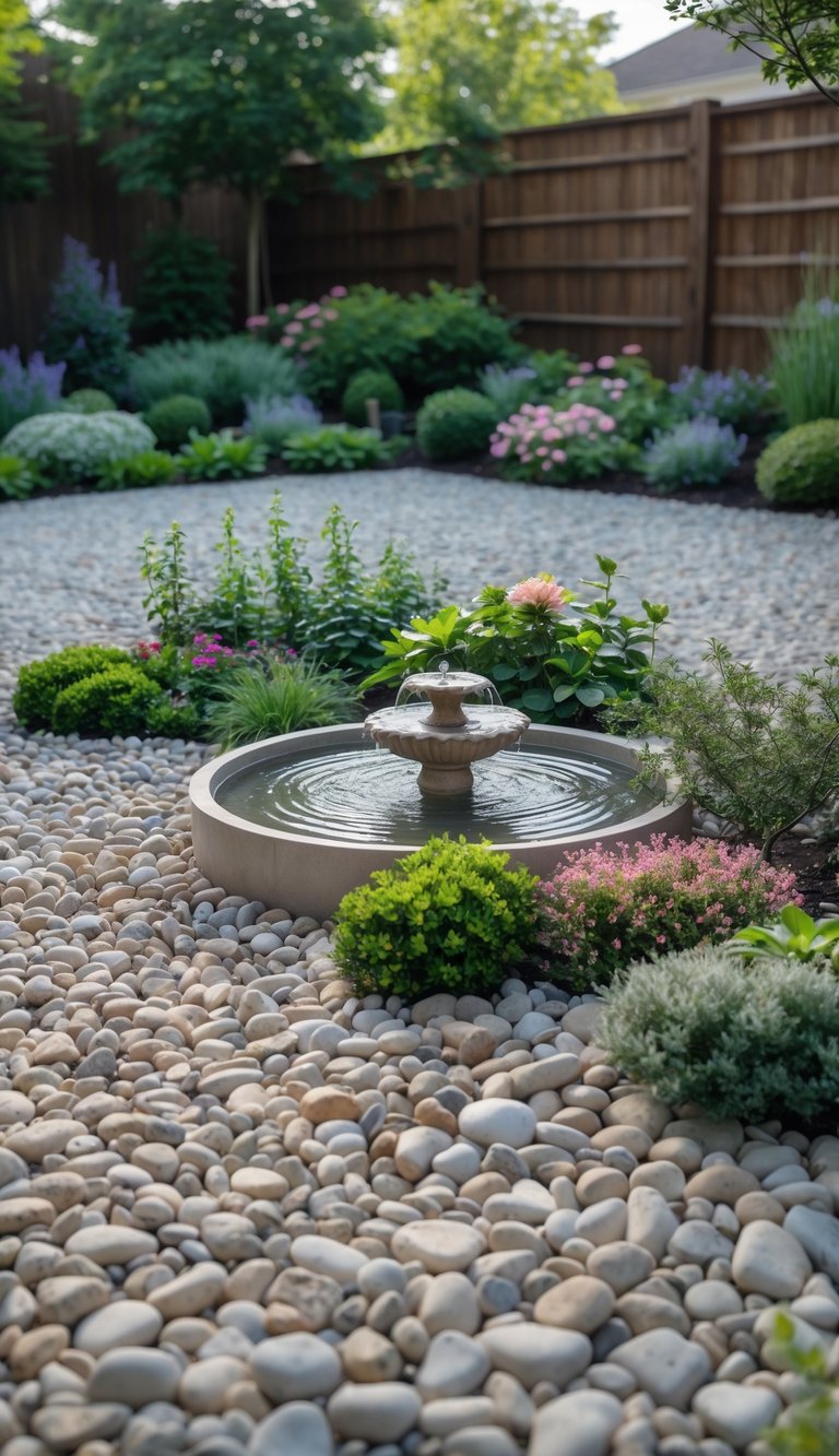 A tranquil garden featuring a stone fountain surrounded by diverse greenery and blooming flowers, all set on a bed of smooth pebbles.