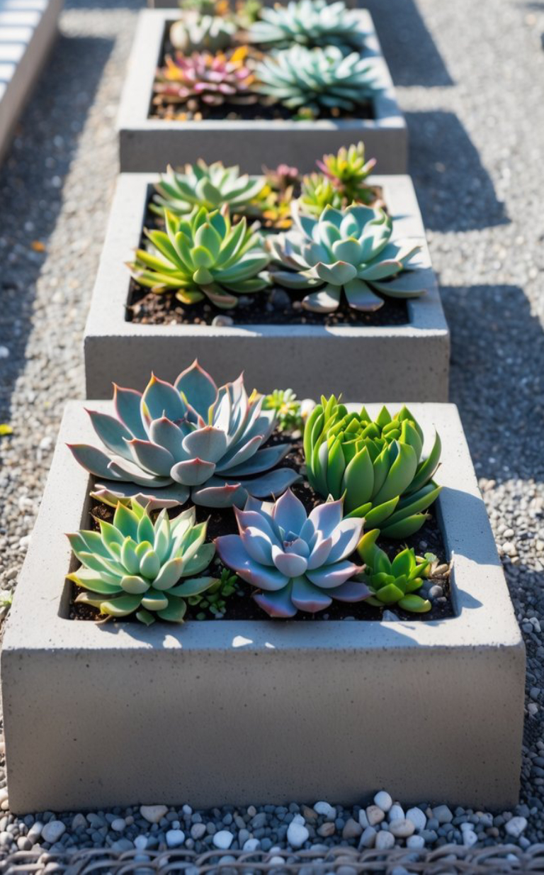 A row of rectangular concrete planters containing various colorful succulents arranged neatly on a gravel path.