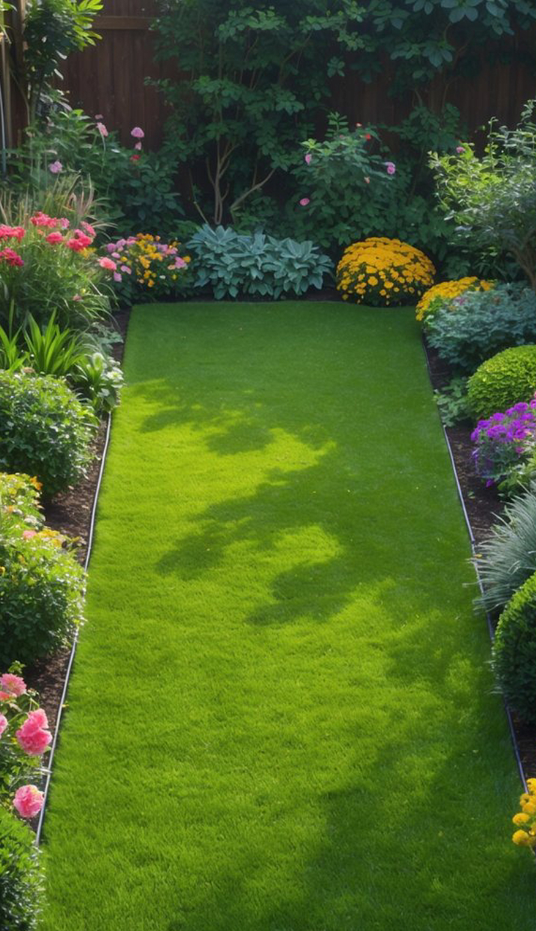 A neatly manicured garden path bordered by lush green plants and colorful flowers, including pink and yellow blossoms, set against a wooden fence background.