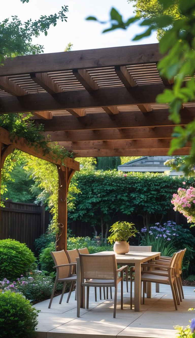 A wooden pergola in a lush garden setting, with a dining table and chairs underneath. The area is surrounded by greenery and flowering plants, providing a serene outdoor space.