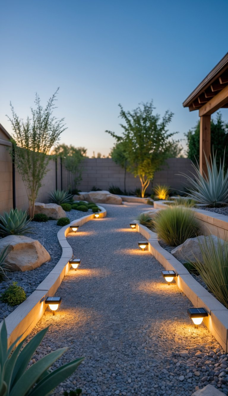 A serene garden pathway illuminated by small ground lights at dusk, bordered by decorative rocks and drought-resistant plants.
