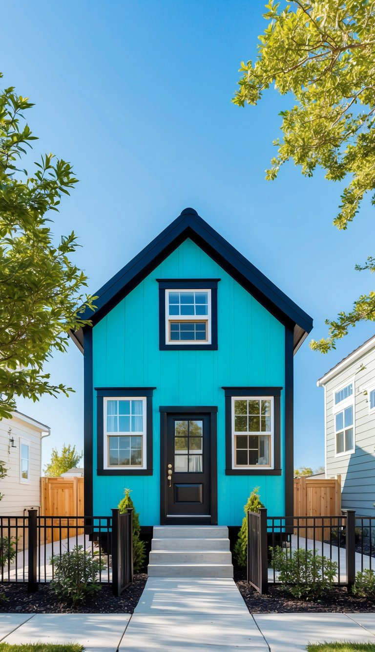 A small, bright blue house with black trim, featuring a gabled roof, a top window, and a black front door with two windows flanking it. The house is surrounded by black metal fencing and neatly landscaped plants. The sky is clear and blue, and there are trees partially visible on either side.