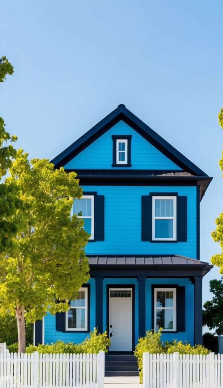 A blue two-story house with black shutters and a white door, surrounded by green trees and a white picket fence under a clear blue sky.