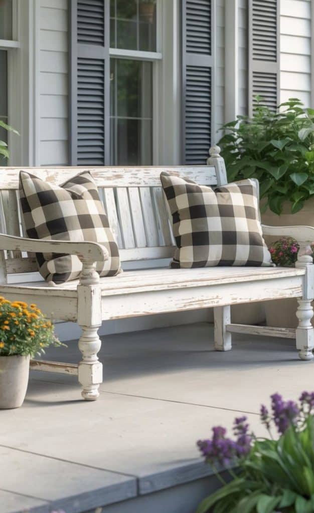 A rustic white wooden bench with checkered black and white pillows sits on a porch with potted plants and flowers nearby.
