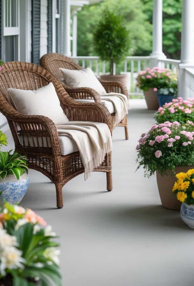 A cozy porch with wicker chairs, white cushions, and blankets, surrounded by potted pink and yellow flowers, and greenery in decorative pots.