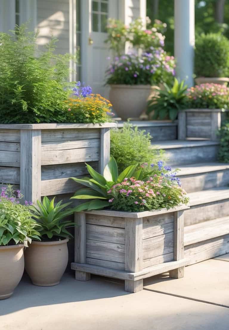 Wooden planters filled with various green plants and colorful flowers are arranged on steps leading to a house with cream-colored siding.