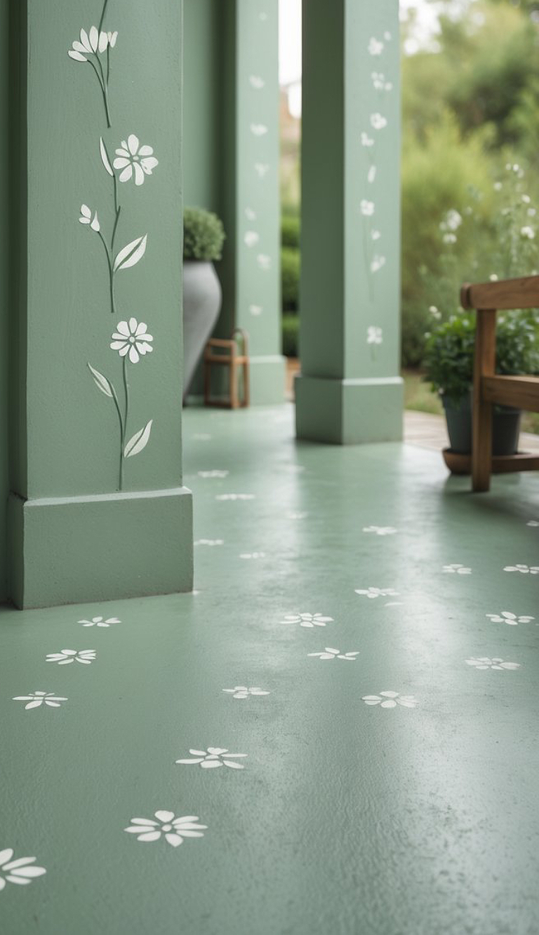 A painted porch with green pillars and floor, adorned with white floral designs on both the columns and the floor. A potted plant and a wooden bench are visible in the background, with lush greenery beyond the porch.