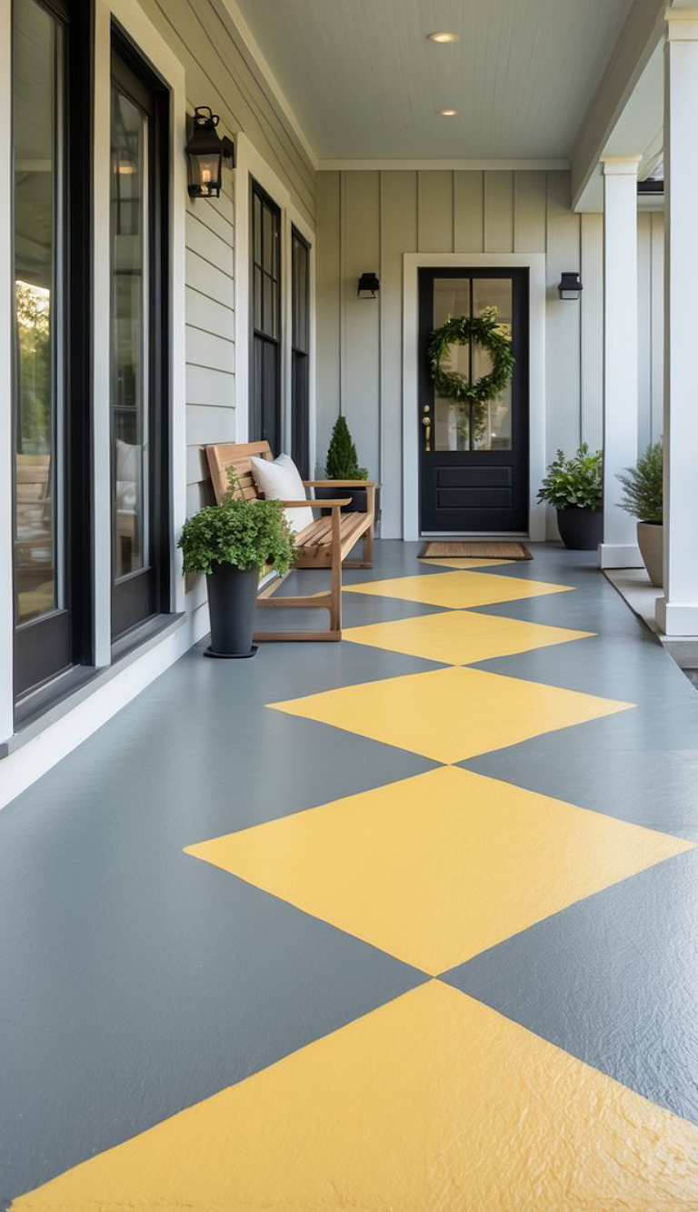 A porch with a distinctive yellow and gray diamond-patterned floor, wooden bench seating with white cushions, potted plants, and a black front door adorned with a wreath.