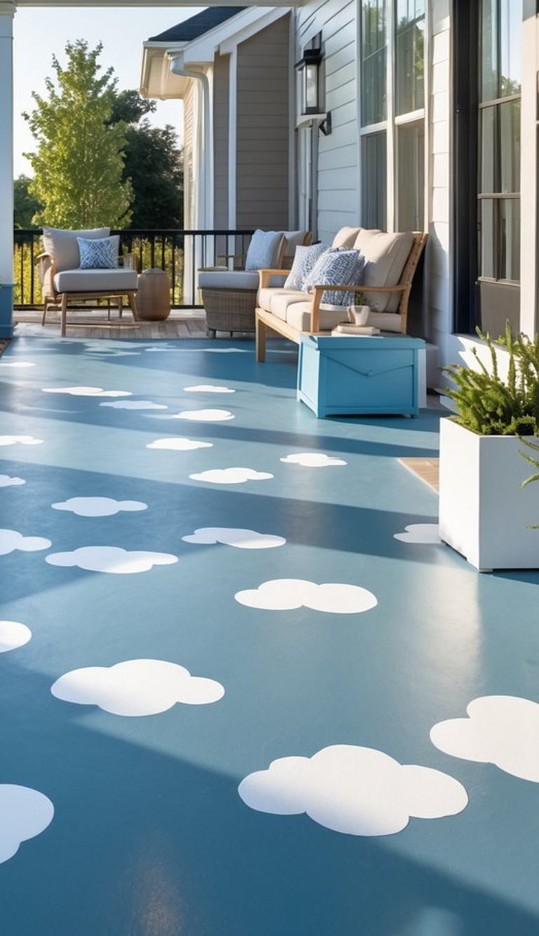A patio with a blue floor painted with white cloud patterns, featuring outdoor furniture like a wooden chair with cushions and a small table, and bordered by a black railing with a view of trees in the background.