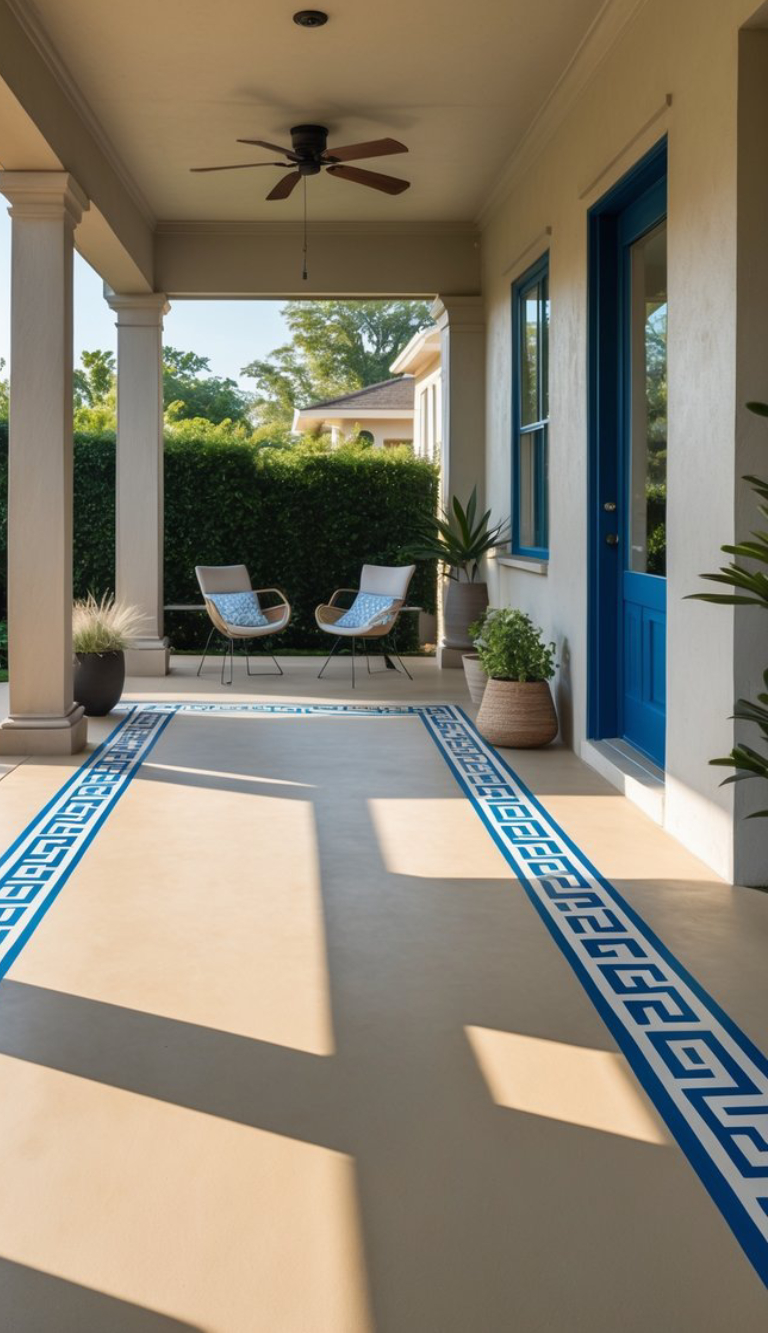 A covered patio featuring a ceiling fan and two modern chairs, with a decorative blue geometric pattern on the floor and potted plants along the wall.