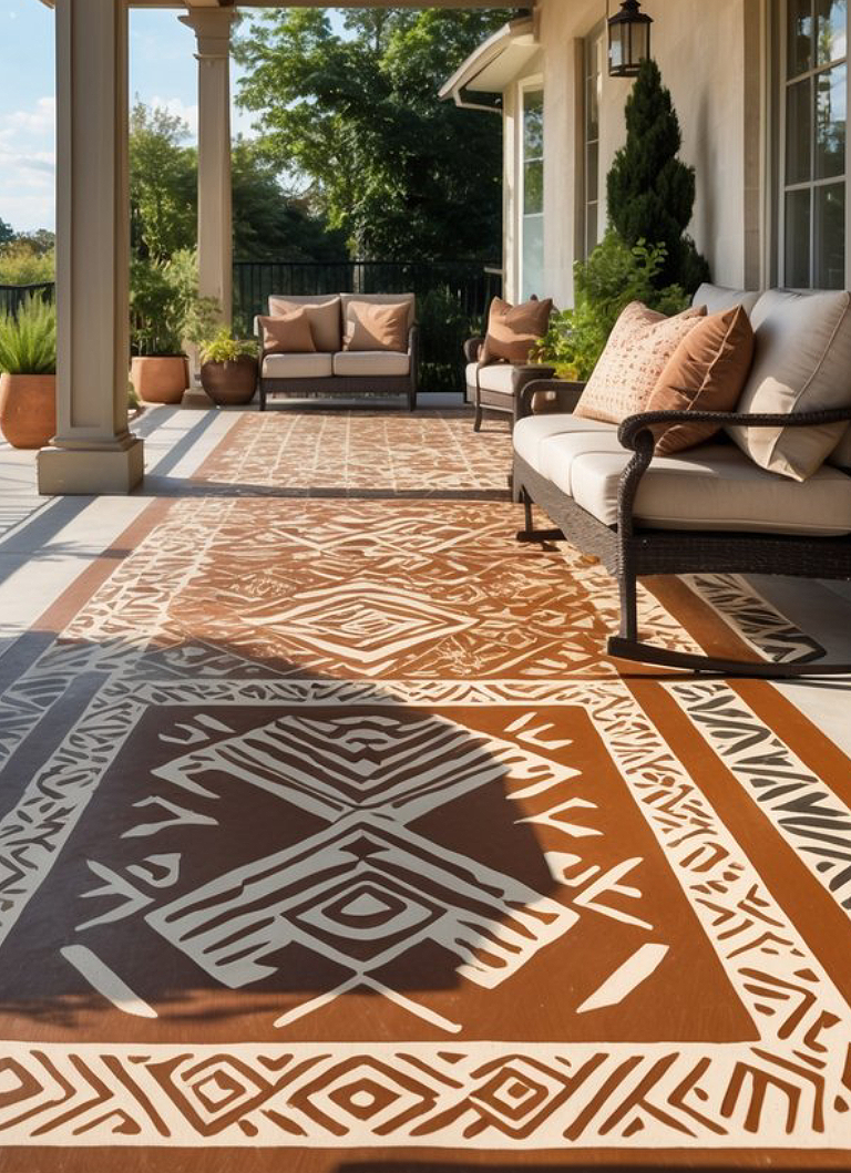 A patio with patterned tiles, featuring a geometric design in brown and white, has wicker chairs and sofas with cushions lined against a light-colored building, surrounded by potted plants and greenery.