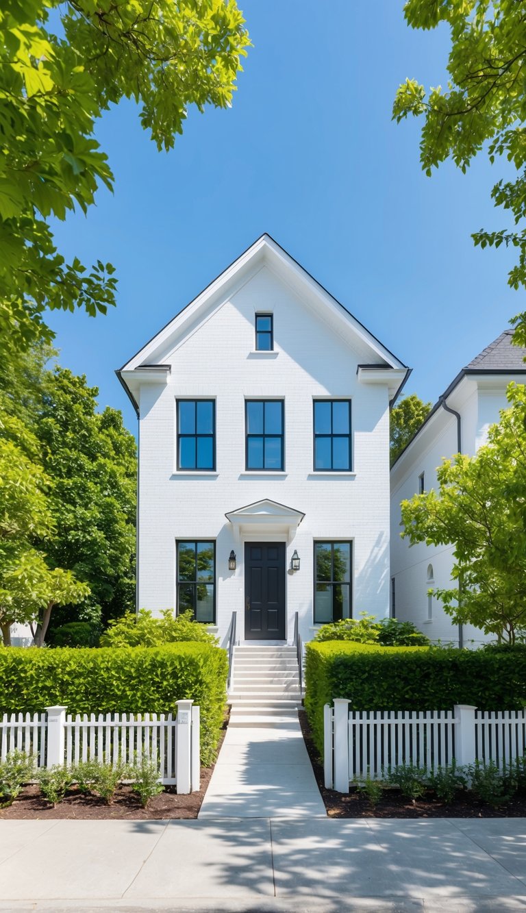 A white home with black windows, surrounded by lush greenery and a clear blue sky