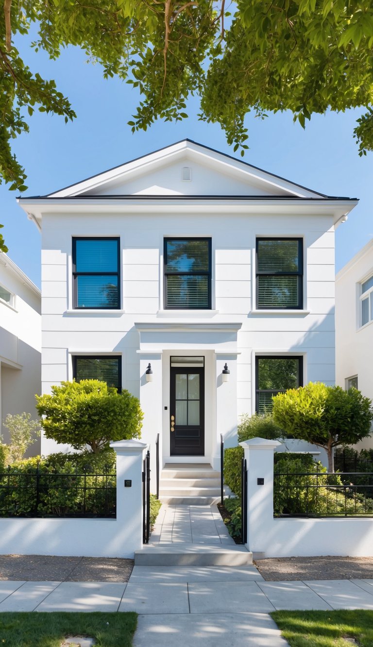 A two-story white home with black windows and versatile blinds