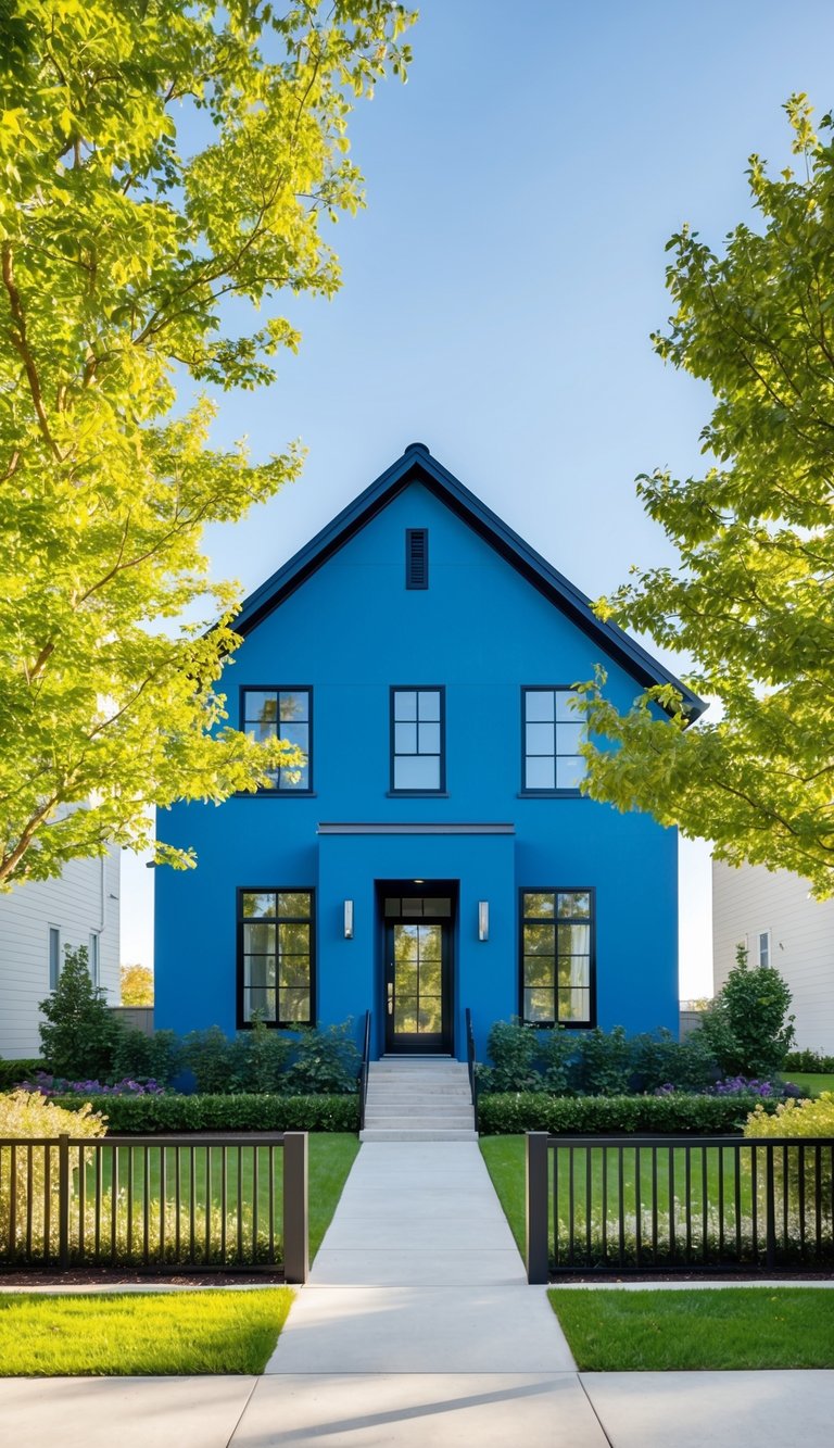 A modern blue home with black trim, sleek and minimalist