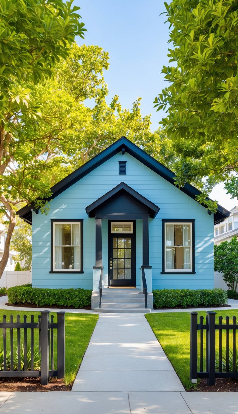 A serene ocean blue bungalow with black trim nestled among lush greenery