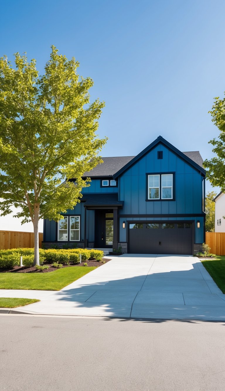 A sleek steel blue modern home with black trim set against a clear sky