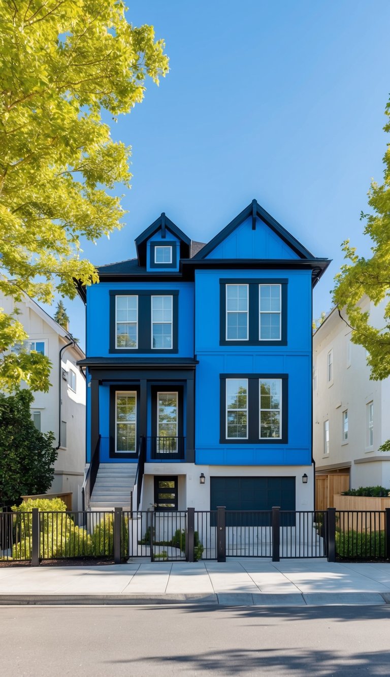 A two-story home with a vibrant blue exterior and sleek black trim, set against a clear blue sky