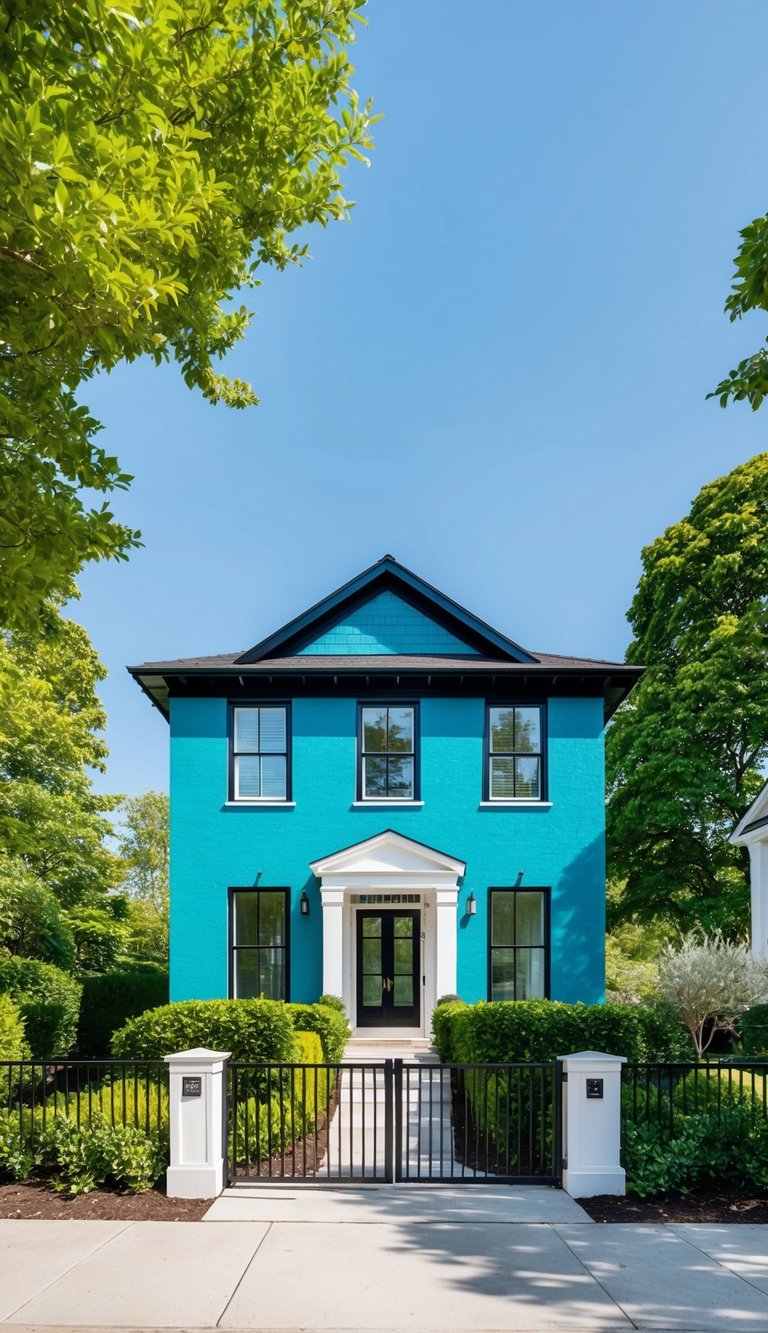 A teal blue house with black trim, surrounded by lush greenery and a clear blue sky