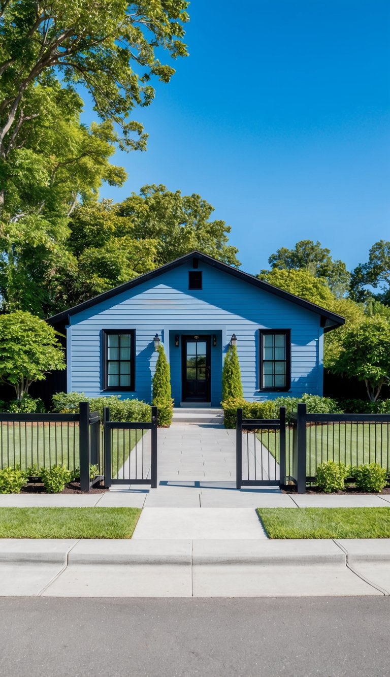 A royal ranch with a blue home exterior and black trim, surrounded by lush greenery and a clear blue sky