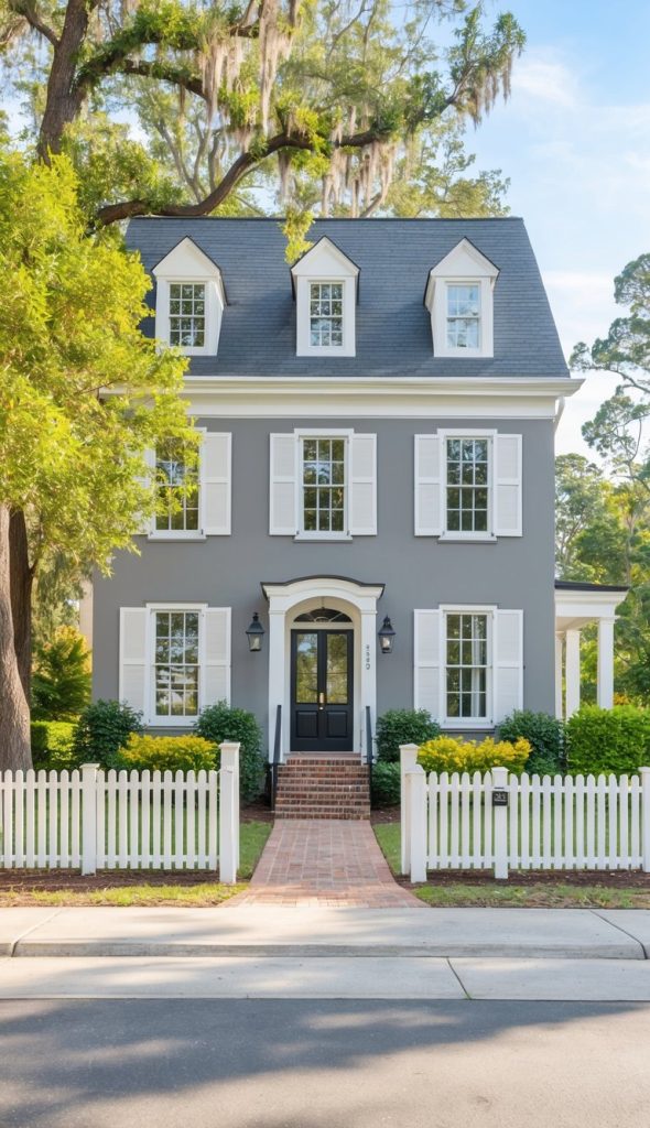 A two-story gray house with white trim and shutters, featuring three dormer windows on the roof and a black front door with brick steps. The house is framed by lush greenery and surrounded by a white picket fence.
