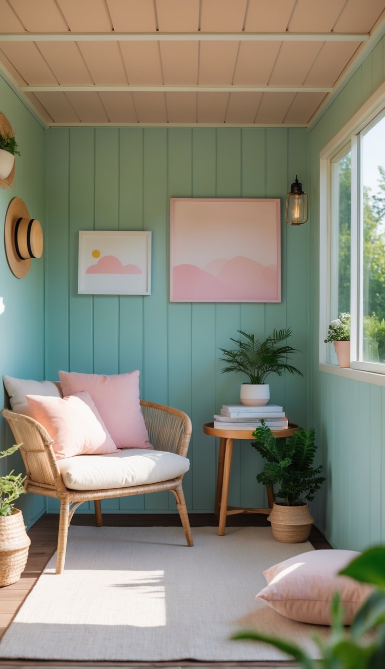 Cozy she shed idea featuring mint green paneled walls, pink artwork, wicker chair, and natural light from a side window.