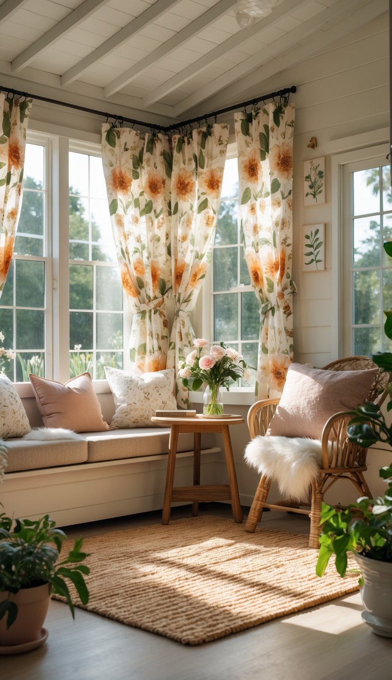 Bright she shed idea with floral curtains, white shiplap walls, exposed beams, and a built-in window bench with soft cushions.