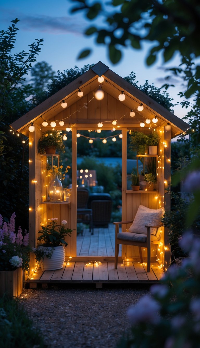 Cozy she shed idea at dusk with string lights, natural wood siding, open shelving, and a small chair inside a garden setting.