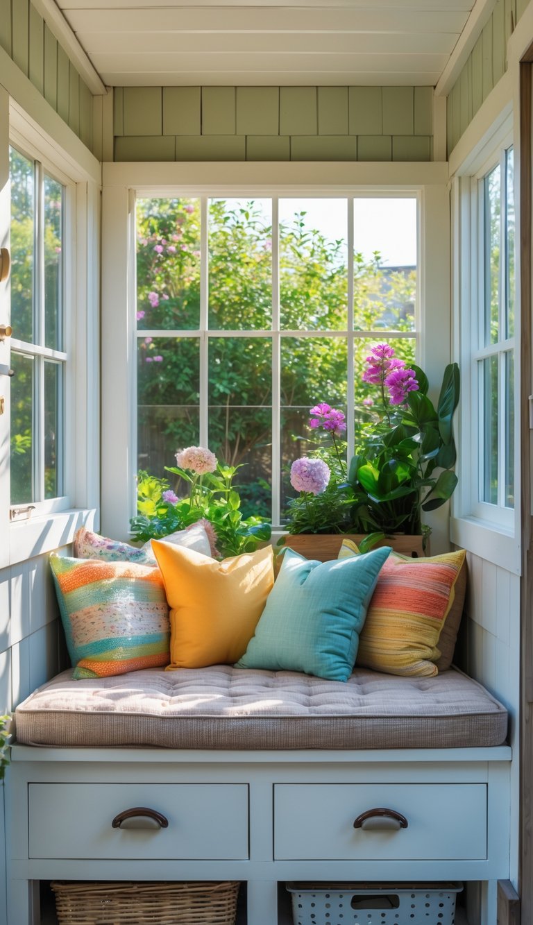 Charming she shed idea with a built-in bench under large windows, pastel cushions, and lush garden plants outside.