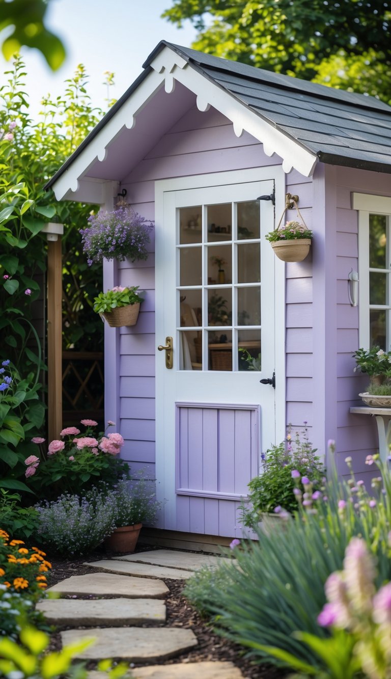 Lavender she shed idea with scalloped trim, white glass-paneled door, hanging baskets, and cottage garden flowers.