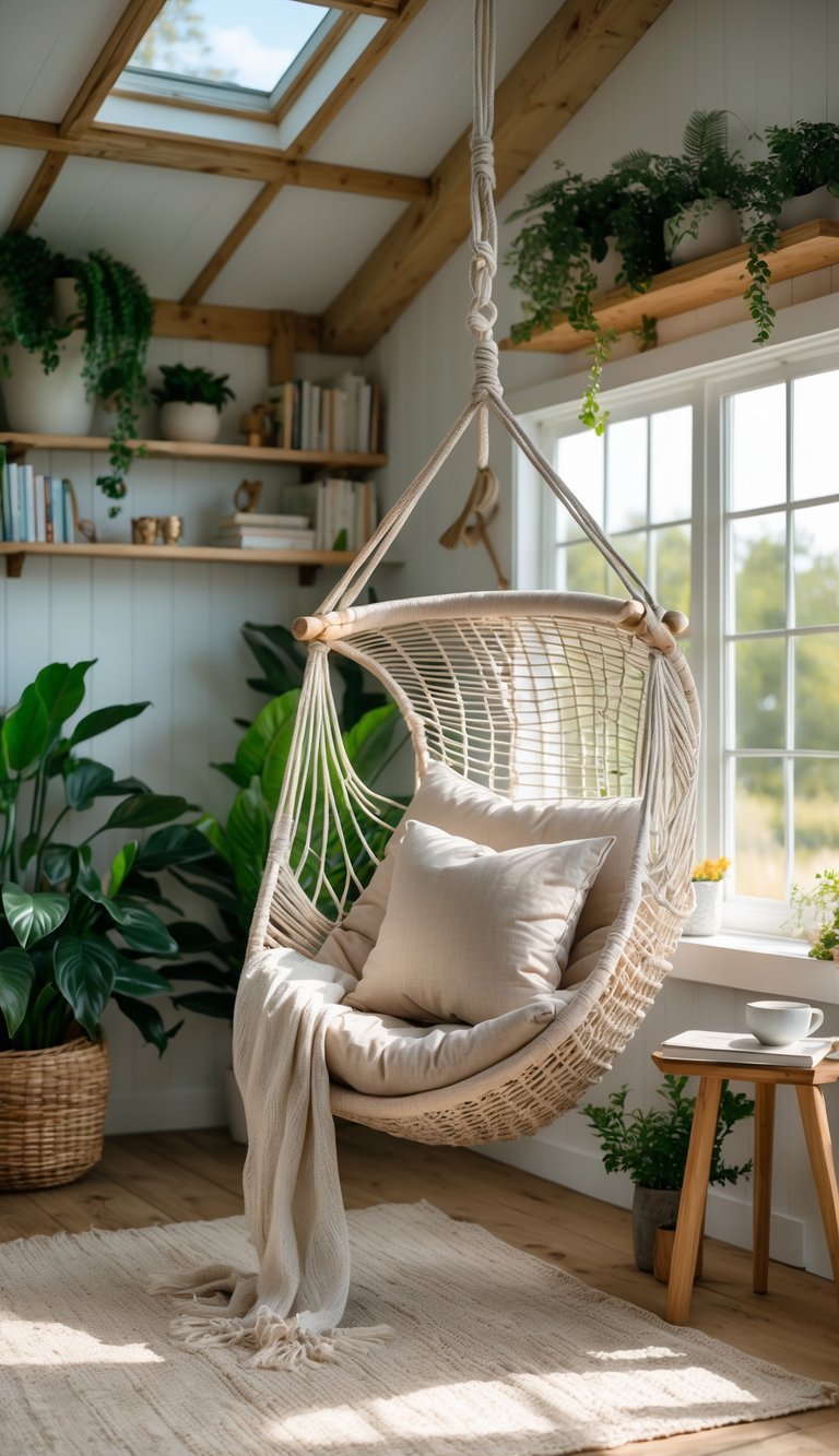 Bright she shed idea featuring a woven hammock chair, exposed beams, large window, and layered greenery.