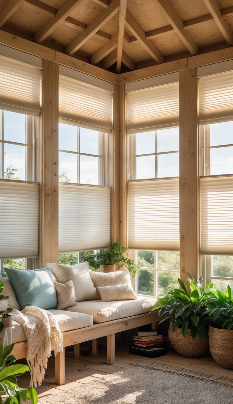 Bright she shed idea with wraparound windows, wood beams, built-in bench seating, woven shades, and indoor plants.