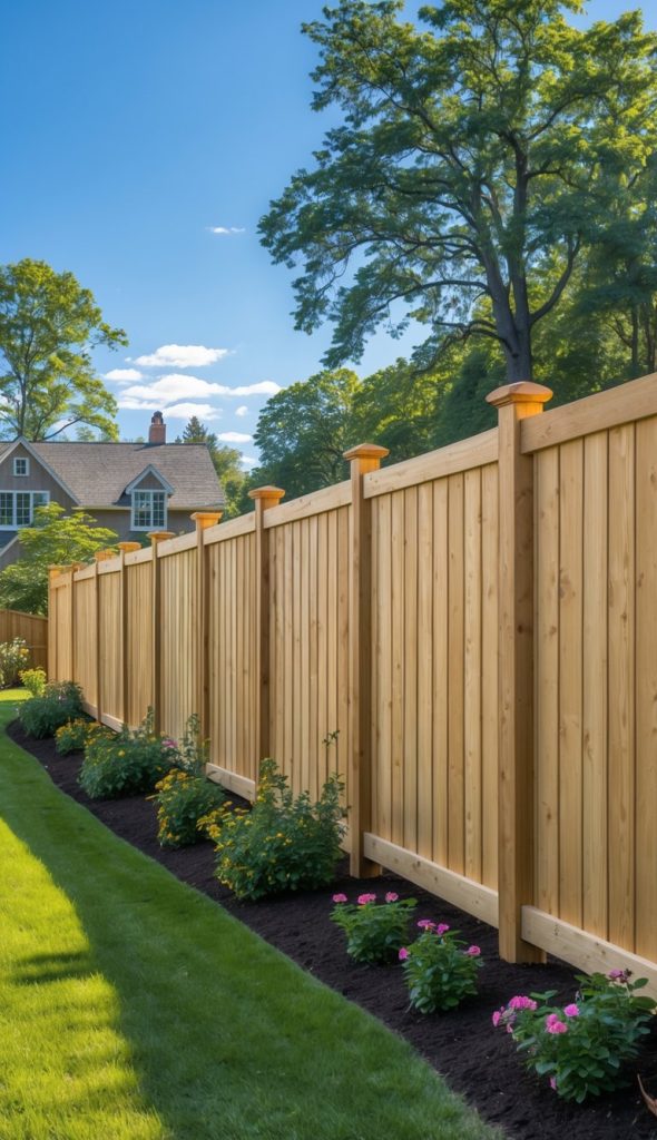 A long, vertical wooden fence with decorative caps on the posts is bordered by a well-manicured lawn and a row of flowering plants. Trees are visible in the background, and a house with a gabled roof is partially seen on the left side under a clear blue sky.