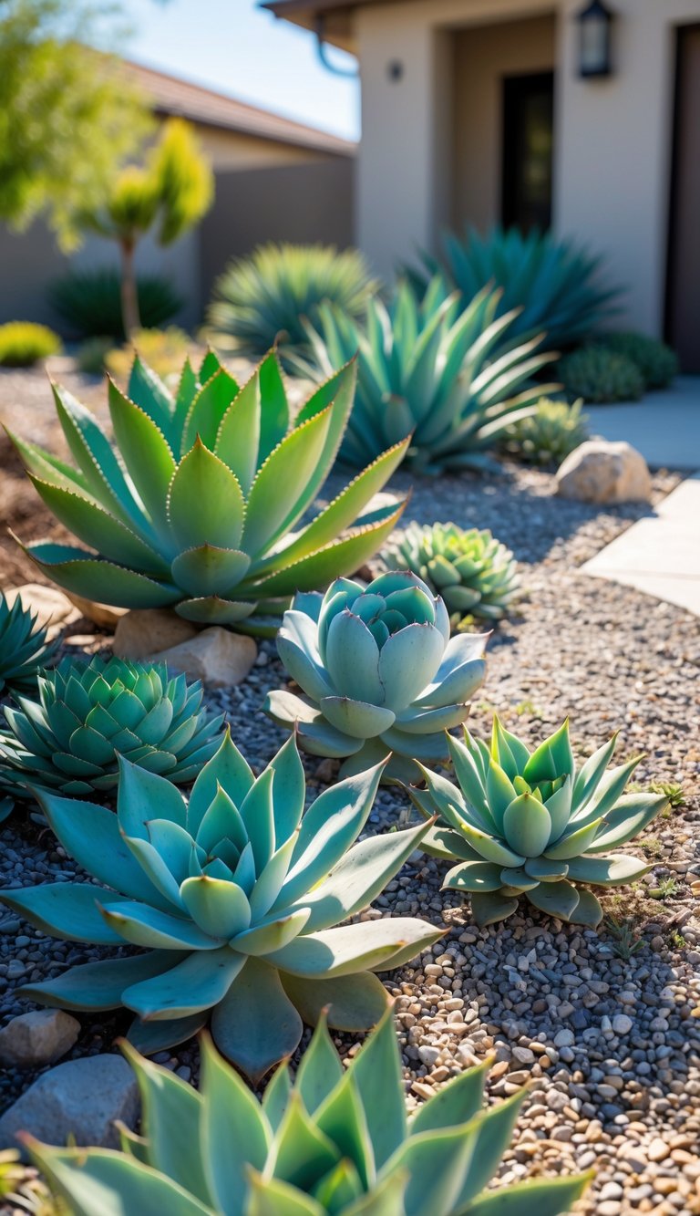 A landscaped garden with various types of agave and succulents arranged among stones, in front of a modern house with beige walls and a dark door.