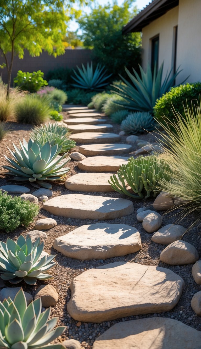 A landscaped garden pathway with large stone stepping stones, surrounded by succulents, grasses, and shrubs, leading to a building with a white exterior wall.