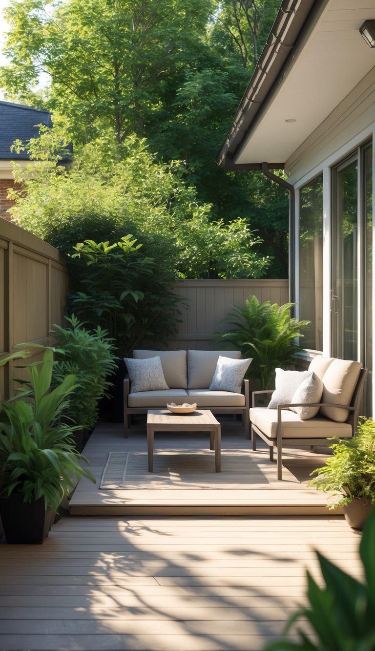 A modern patio with beige cushioned furniture, including a sofa and chairs, surrounding a small coffee table, surrounded by lush green plants and trees, adjacent to a house with large windows.