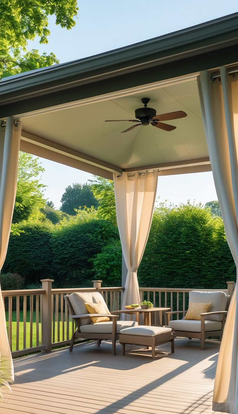 A cozy outdoor patio with cushioned armchairs, a small table, and a ceiling fan, surrounded by light curtains and lush green foliage.