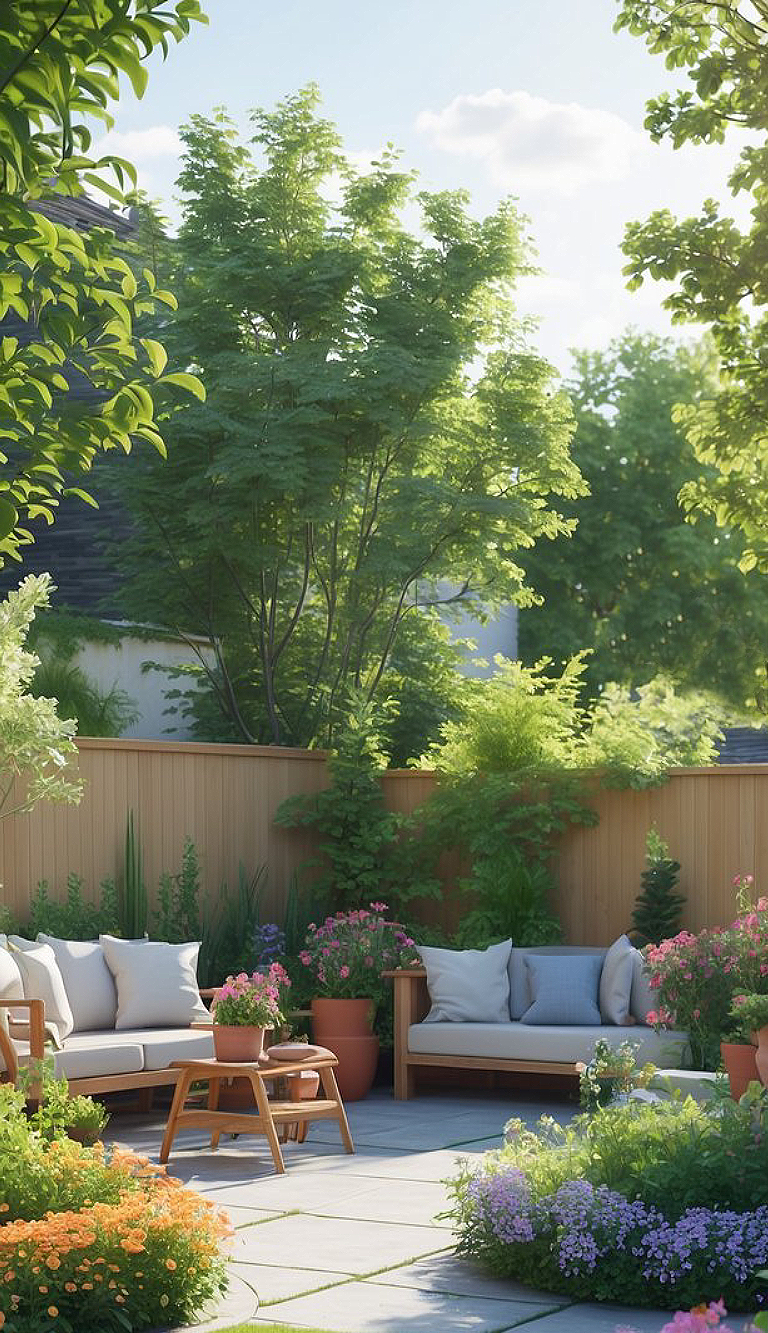 A serene backyard with wooden outdoor furniture surrounded by lush greenery and colorful flowers, under a clear blue sky.
